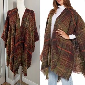 Woolrich Cozy Plaid Oversized Plush Blanket Wrap Kimono Sweater Luxe Loungewear